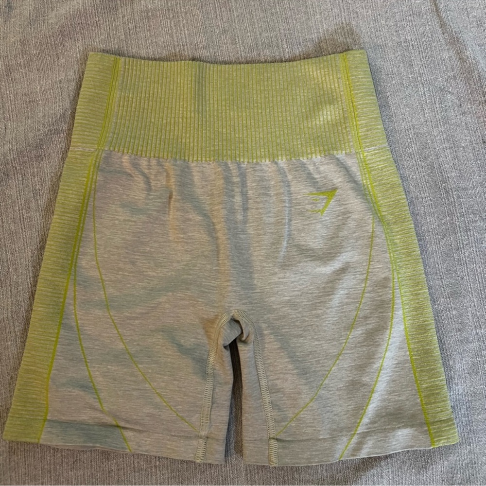 Gymshark Gray and Green Bike Shorts with Elastic Waistband